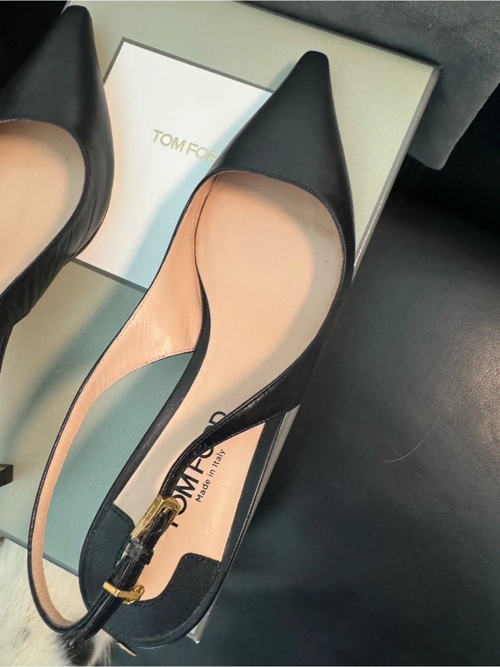 Tom Ford Black Leather Pointed Slingback Heels with Gold Buckle